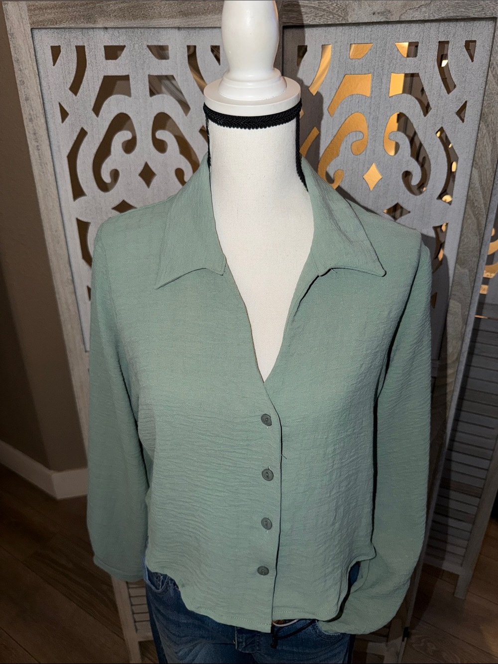 Light Sage Button-Front Women's Blouse